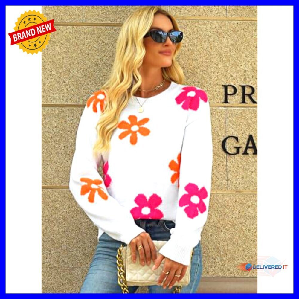 Oversized Floral Crewneck Sweater Vintage Y2K Pullover Long Sleeve - Picture 6 of 7